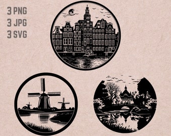 Netherlands SVG designs, Netherlands logo, Amsterdam vector, Windmill png, Netherlands bundle, Vondelpark Clipart