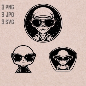 May include: Three black and white illustrations of an alien wearing sunglasses. The first illustration shows the alien wearing a hat and looking straight ahead. The second illustration shows the alien looking straight ahead. The third illustration shows the alien looking to the side.