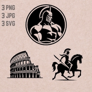 May include: Black and white illustrations of a Roman gladiator, a Roman soldier riding a horse, and the Colosseum.