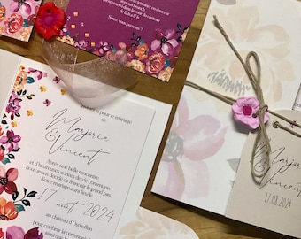 Faire-part de mariage artisanaux avec des Fleurs Pétillantes et Colorées sur Papier Naturel Maïs Kraft