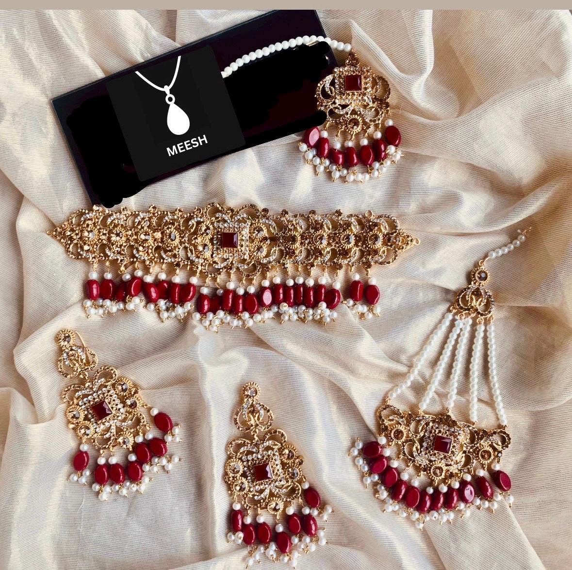 NEW! MaroonFull Indian Pakistani bridal set necklace, earrings, tikka,  Jhumar