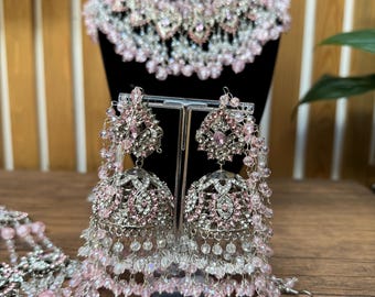 Pink Crystal Indian Bridal Jewelry Set – Silver Tone Necklace