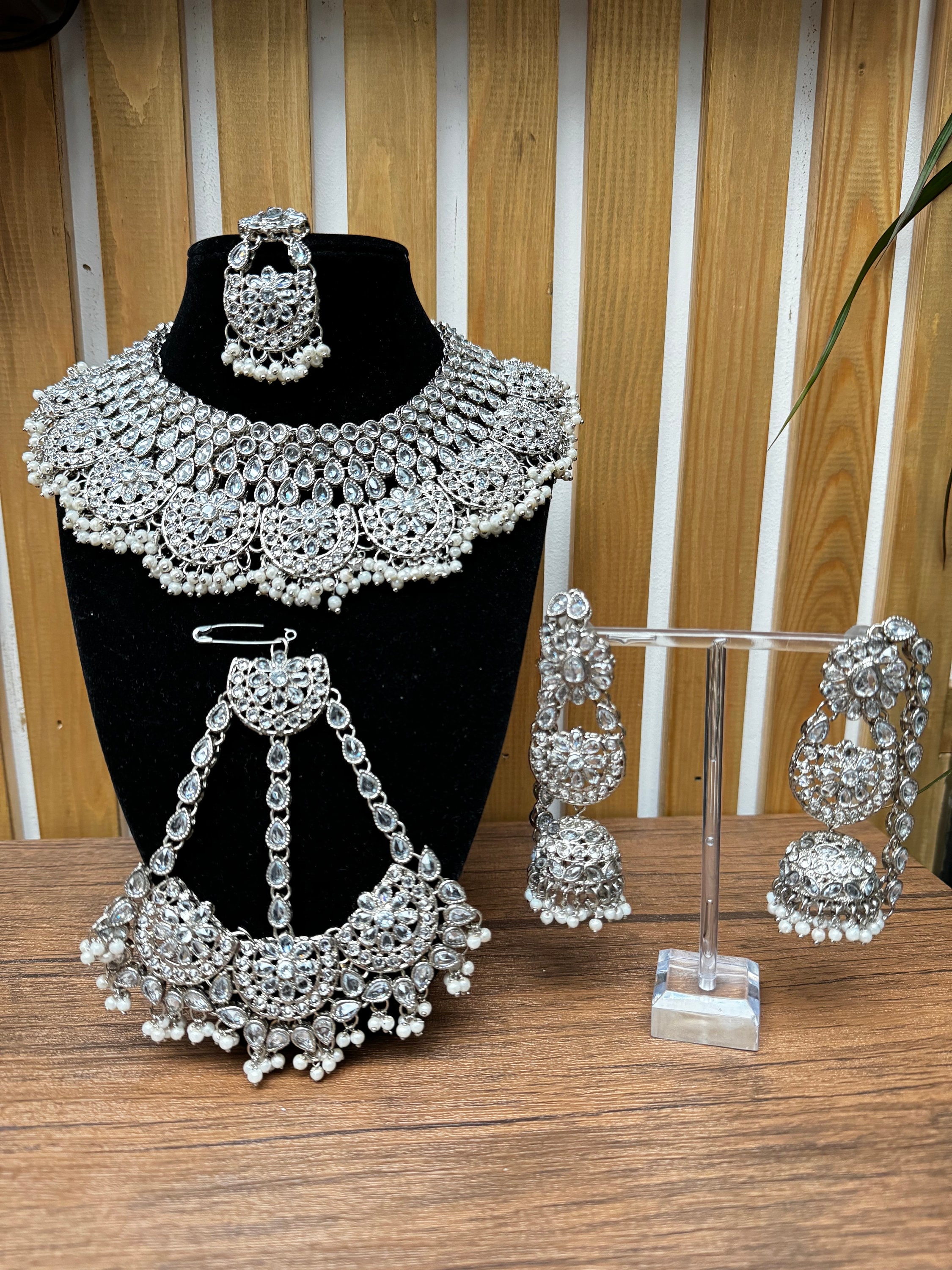 Indian Pakistani Full Heavy Bridal Set Silver Necklace, Earrings