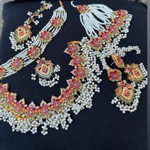 NEW! Full pearl bridal nauratan set gold plated - necklace, earrings, tikka and Jhumar
