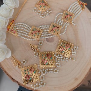 Indian Pakistani pearl and multi lightweight Jewellery set with necklace earrings and tikka