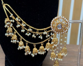 Kundan Polki Sahara Bahubali earrings and tikka set - Gold