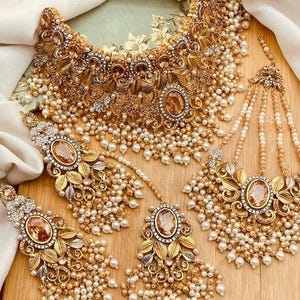 Bridal Heavy stone jewellery set Complete Set Indian Pakistani Bridal Jewellery - necklace, earrings, jhumar and tikka - in red and gold