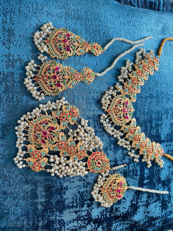 NEW! Full Bridal Noratan Set - Necklace, Earrings, Tikka, Jhumar