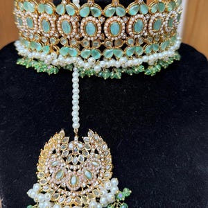 Bridal Heavy stone kundan jewellery Set Indian Pakistani Bridal Jewellery - necklace, oversized jhumka earrings and tikka in mint and gold