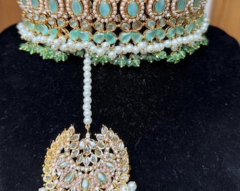 Ensemble de bijoux de mariée Mint Kundan - Collier indien pakistanais, boucles d'oreilles Jhumka, Tikka