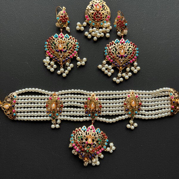 Indian Pakistani pearl and multi Jewellery Kundan set