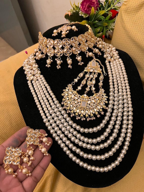 Indian Bridal Jewelry Set, Gold Plated, Pearl, Kundan, Tikka, Jhumar