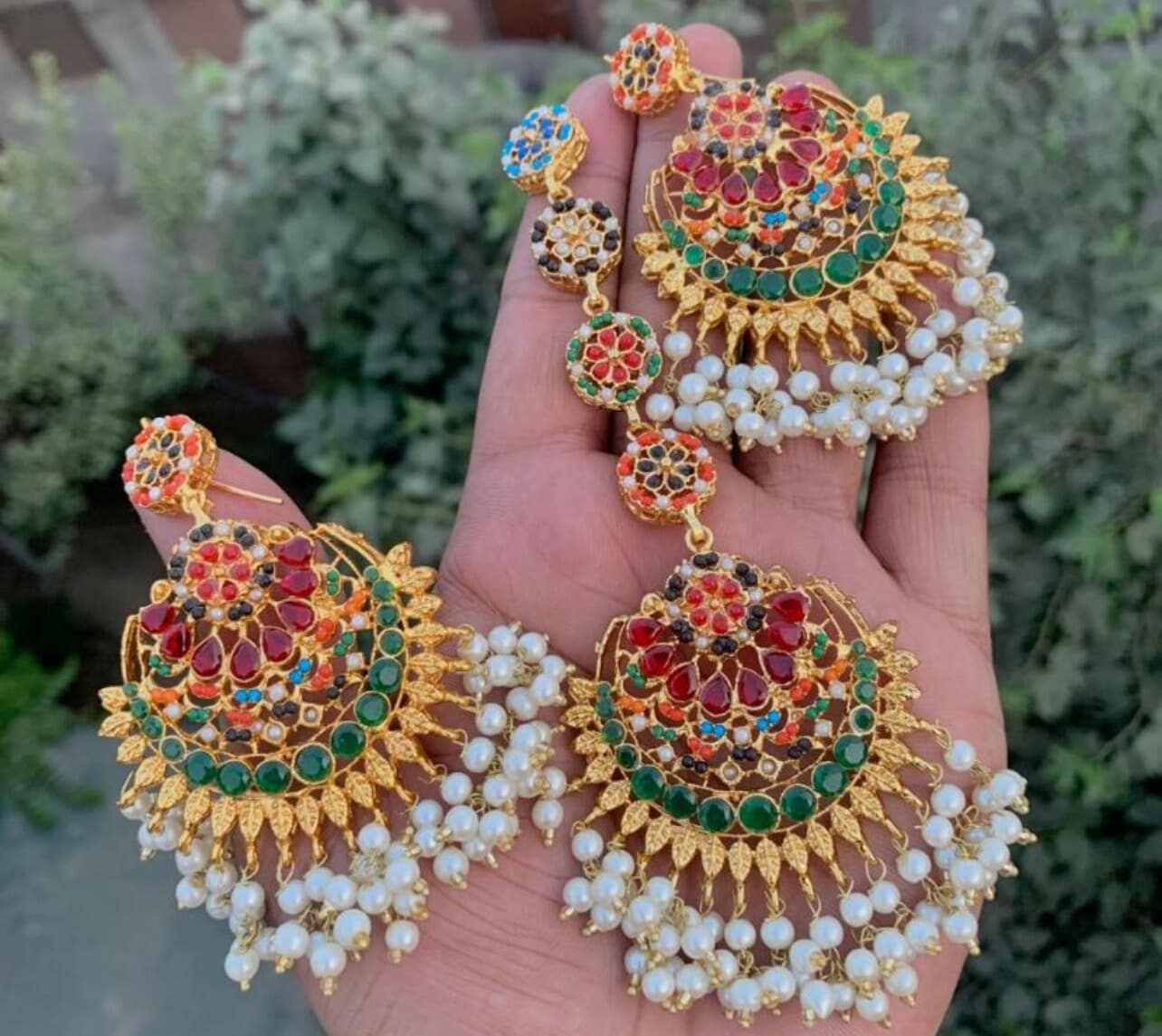 Punjabi Look Jadau Gold Navratan Earrings with Pearl Drops/Indian India  Earrings | eBay