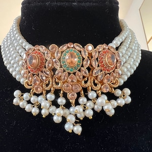 Indian Pakistani simple pearl choker set - multi