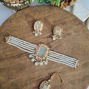 Conjunto de gargantilha indiana e paquistanesa - colar, tikka e brincos