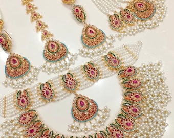 Bridal Heavy Nauratan Gold Plated Complete Set Indian Pakistani Bridal Jewelry