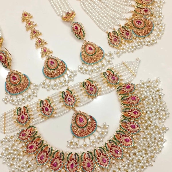 Bridal Heavy Nauratan Gold Plated Complete Set Indian Pakistani Bridal Jewelry