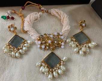 Indian Pakistani Trendy statement pearl choker necklace and earrings set