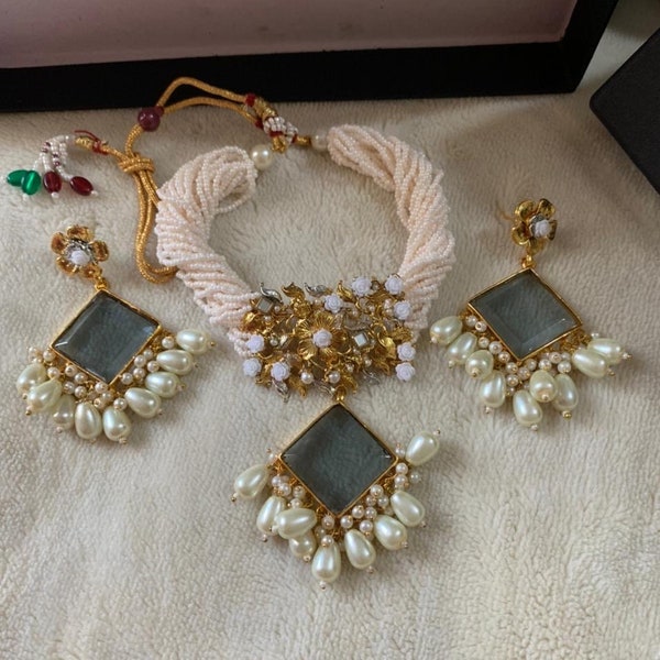 Indian Pakistani Trendy statement pearl choker necklace and earrings set