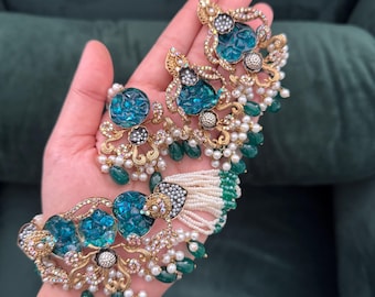 Indian Pakistani Crush Stone Choker Necklace and Earrings Set