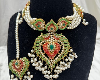 Ensemble tour de cou indien pakistanais - Collier, Tikka et boucles d'oreilles