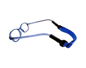May include: Blue glasses with a blue and black strap. The strap is adjustable and has a secure fit.