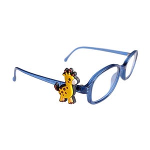 May include: Blue eyeglasses with a decorative giraffe charm. The giraffe is yellow with brown spots and a black head. The glasses have a blue frame and temples.