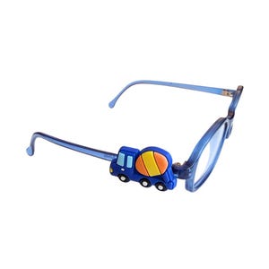 May include: Blue eyeglasses with a playful cement truck design on the left arm. The frames are a translucent blue, and the lenses are clear. The cement truck is blue, yellow, and orange. The glasses are designed for children.
