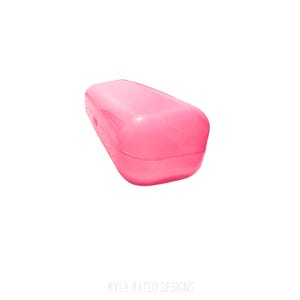 May include: A translucent hot pink rectangular storage case with rounded corners and a smooth, glossy finish. The container features a hinged lid design and is positioned at an angle, displaying its vibrant color and semi-transparent material.
