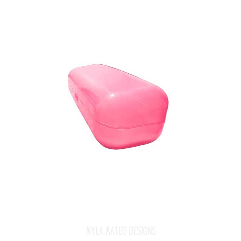 May include: A translucent hot pink rectangular storage case with rounded corners and a smooth, glossy finish. The container features a hinged lid design and is positioned at an angle, displaying its vibrant color and semi-transparent material.