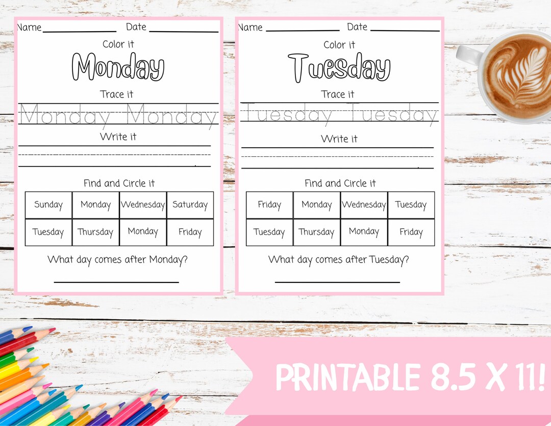 Traceable Days of Week PDF Printable, Handwriting Worksheets for Pre-k ...
