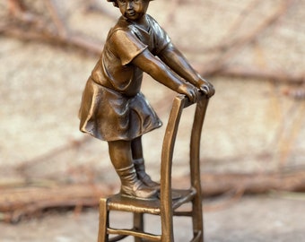 Bronze statue of little girl in a dress sculpture decoration - gift idea