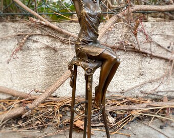 Luxury bronze statue of woman a girl on bar chair sculpture decoration - gift idea