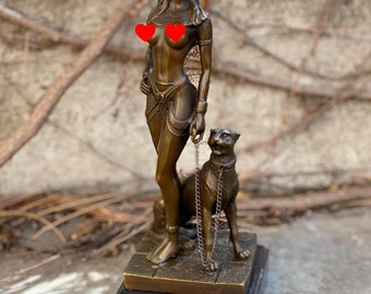 Estatua de bronce de lujo de Cleopatra con decoración de pantera - arte moderno - idea de regalo