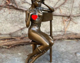 Bronze statue of woman on chair sculpture decoration - gift idea