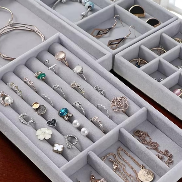 Bandeja de terciopelo para exhibir joyas: organizador apilable para anillos, aretes y collares