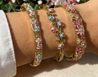 Double Layer Cloisonne Bangle, Chinese Enamel Bracelet, Gold Alloy Bangle, Hollow Wire Floral Bracelet, Elegant Women's Jewelry Gift