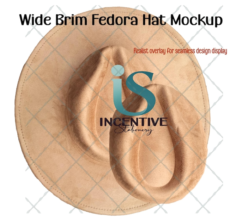 May include: A tan wide brim fedora hat mockup. The hat has a rounded crown and a wide brim. The text "Wide Brim Fedora Hat Mockup" is at the top. The hat is a neutral color and appears to be made of suede or a similar material.