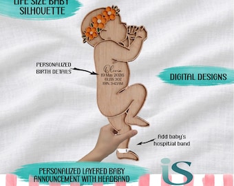 Babysilhouet bloemenhoofdband SVG levensgroot 1:1 babyomtrek sjabloon gepersonaliseerde geboorteaankondiging aandenken lasergesneden digitaal