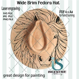 Pferd und Federn svg Breiter Rand, Fedora Hat Brennen Laser Design Nachverfolgbare Vorlage, SVG, PNG, Jpg und PDF, digitaler Download