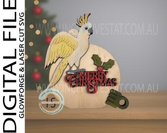 Kerstpapegaai plank sitter ornament SVG: lasergesneden kaketoe kerstbal (digitaal bestand)