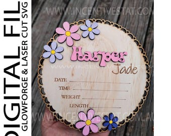 Bord met geboortestatistieken bloem baby SVG: lasergesneden aankondiging (digitale download)