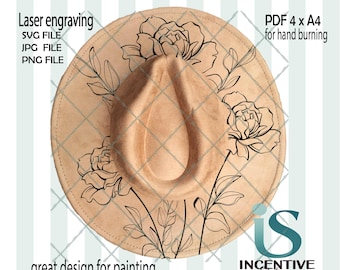 Floral Roses Hat Burning Stencil Template, Wide Brim Design (Digital Download)