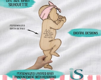 Baby silhouet bord SVG levensgroot 1:1 baby omtrek sjabloon gepersonaliseerde geboorteaankondiging aandenken lasergesneden digitaal bestand