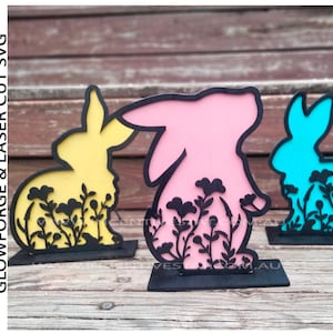 Lapin de Pâques en couches, 3 fleurs sauvages florales, fichier découpé au laser, téléchargement numérique SVG, gravure de Pâques en matériau 3 mm, décoration de printemps prête pour le laser