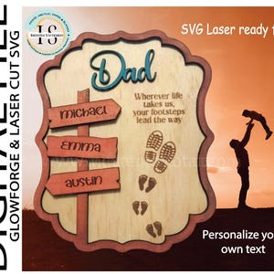 Plaque personnalisée fête des pères avec noms d'enfants flèche en bois rustique empreintes de pas panneau en couches fichier numérique SVG découpé au laser Glowforge