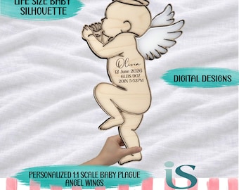 SVG-bestand met baby-engelenvleugels, levensgroot babysilhouet (schaal 1:1), sjabloon voor een babyomtrek, gedenkteken, aandenken, pasgeborene, lasergesneden ontwerp.