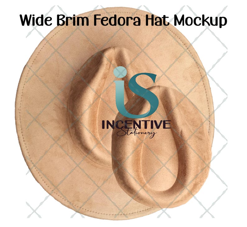 May include: A tan wide brim fedora hat mockup. The hat has a soft, suede-like texture and a classic teardrop crown. The brim is wide and slightly curved. The text "Wide Brim Fedora Hat Mockup" is at the top. The logo for "Incentive Stationery" is in the center.