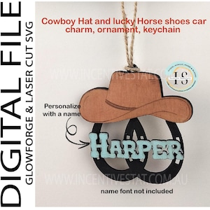 Chapeau de cowboy fer à cheval voiture charme SVG Western ornement arbre de Noël porte-clés couper fichier laser ready design pour cadeaux personnalisés ou affiche