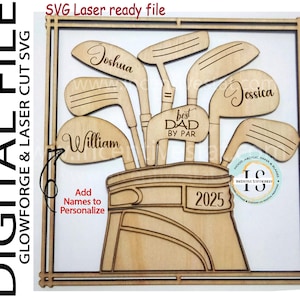 Personalisierte Golf Geschenk für Papa Vatertag Zeichen Papa Plakette mit Kinder Namen Hölzerne Golftasche Schichtholz Laser geschnitten SVG Digitale Datei Xtool